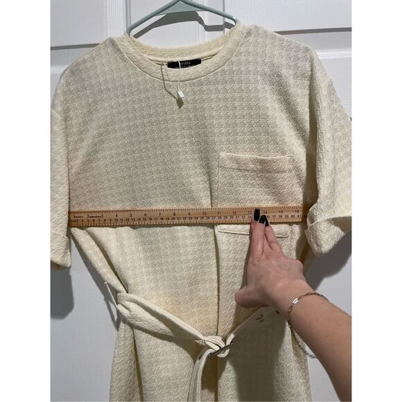 NWOT Bershka Belted Cream Houndstooth Short Sleeve Shirt Mini Dress Size Small - Picture 10 of 15